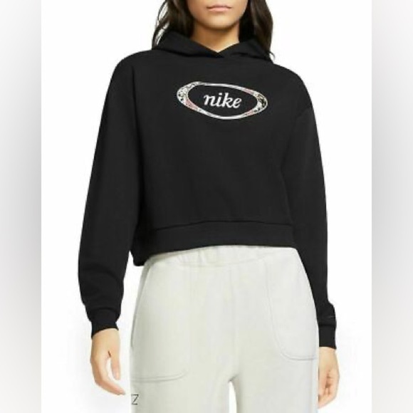 Nike Women's Black Floral Print Crop Pullover Hoodie Size Small EUC - Picture 1 of 4